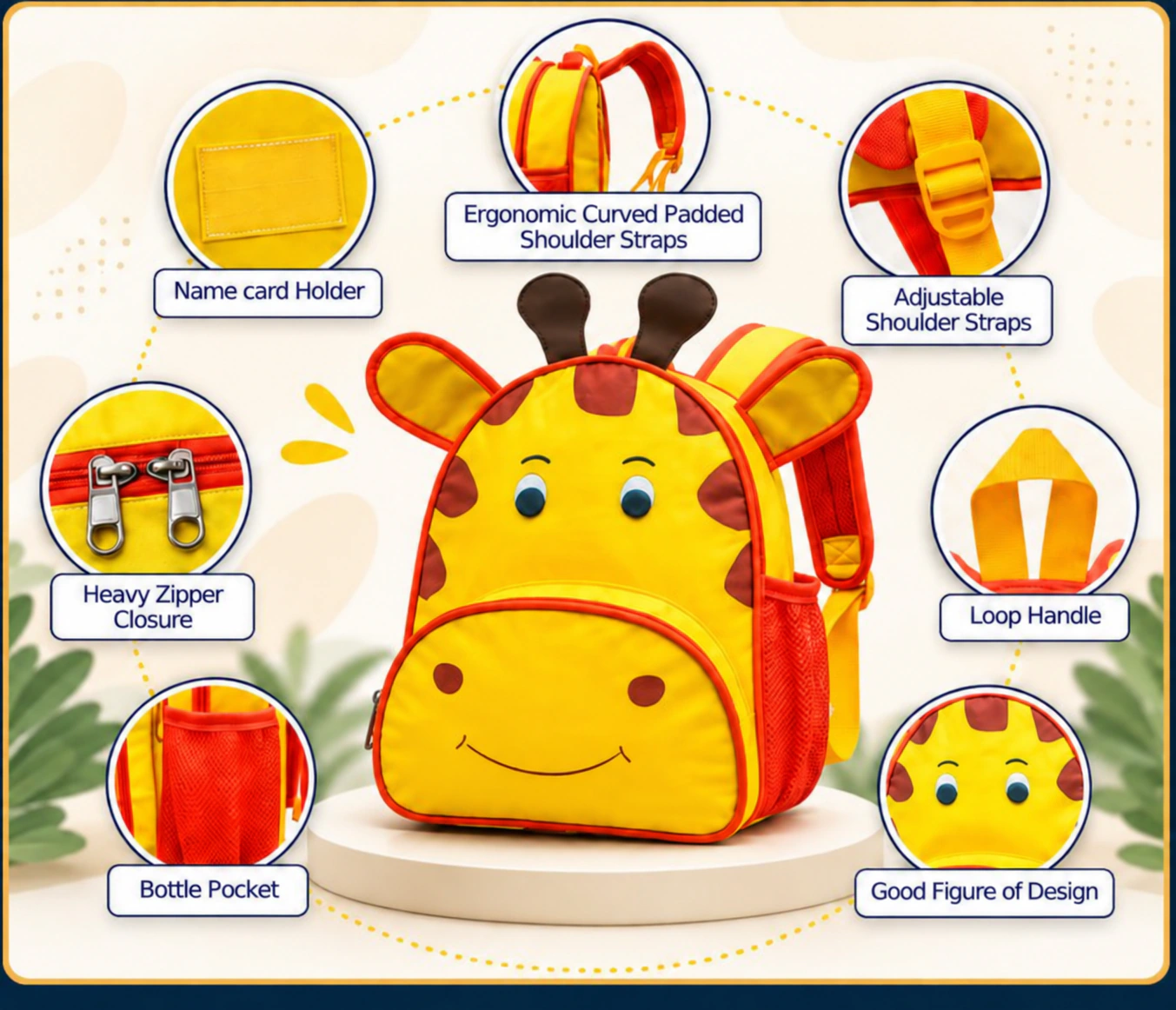 KB101 yellow and red giraffe kids backpack with feature details for bulk orders